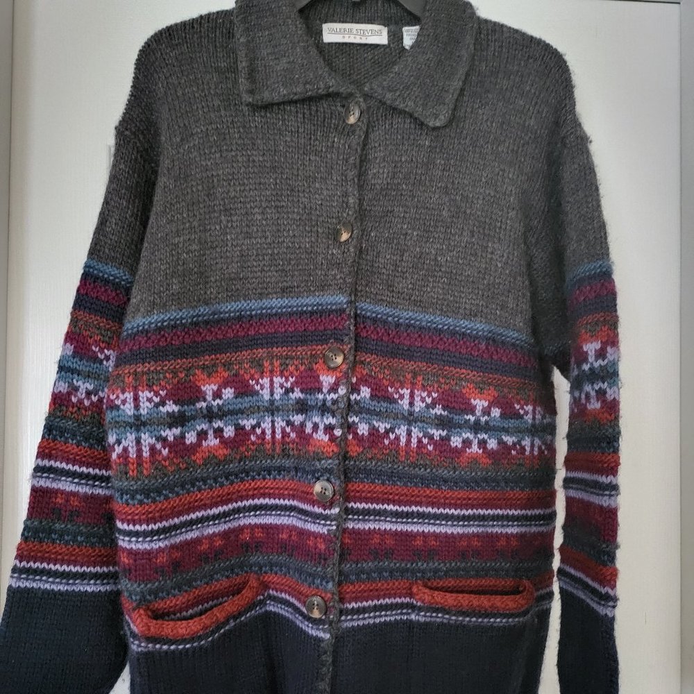 Vintage Valerie Stevens Sport 100% Wool Fair Isle Collared Cardigan Womens US M